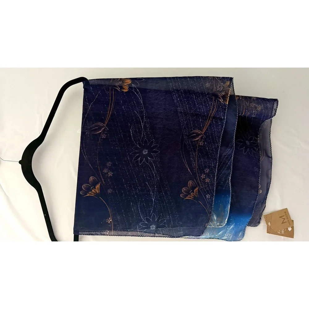 Matr Boomie  Women's Handmade Blue Floral Square Scarf Wrap, Sari Fabric
